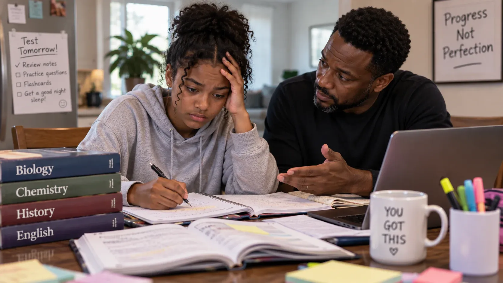 A concerned father helping his teenage daughter study at a kitchen table while she works through notes and textbooks.