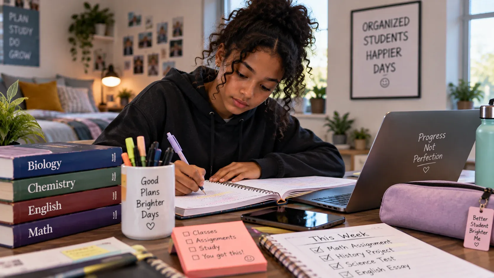 A high school student organizing notebooks, assignments and school materials at a desk.