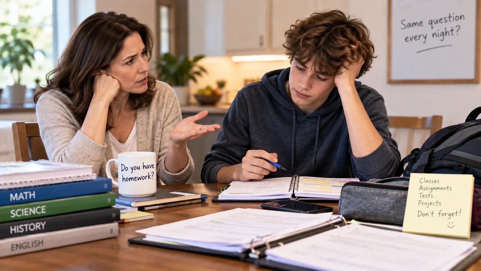 A parent talking with a teenage student at a kitchen table while the student checks their schoolwork and assignments.