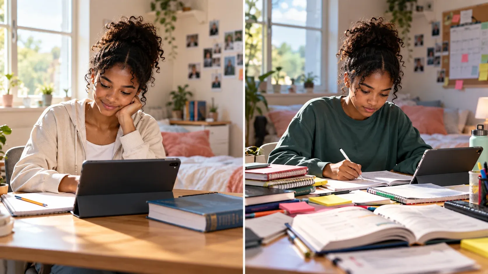 The same student in Week 1 with a simple school workload and Week 5 with more notes, assignments, projects and study materials