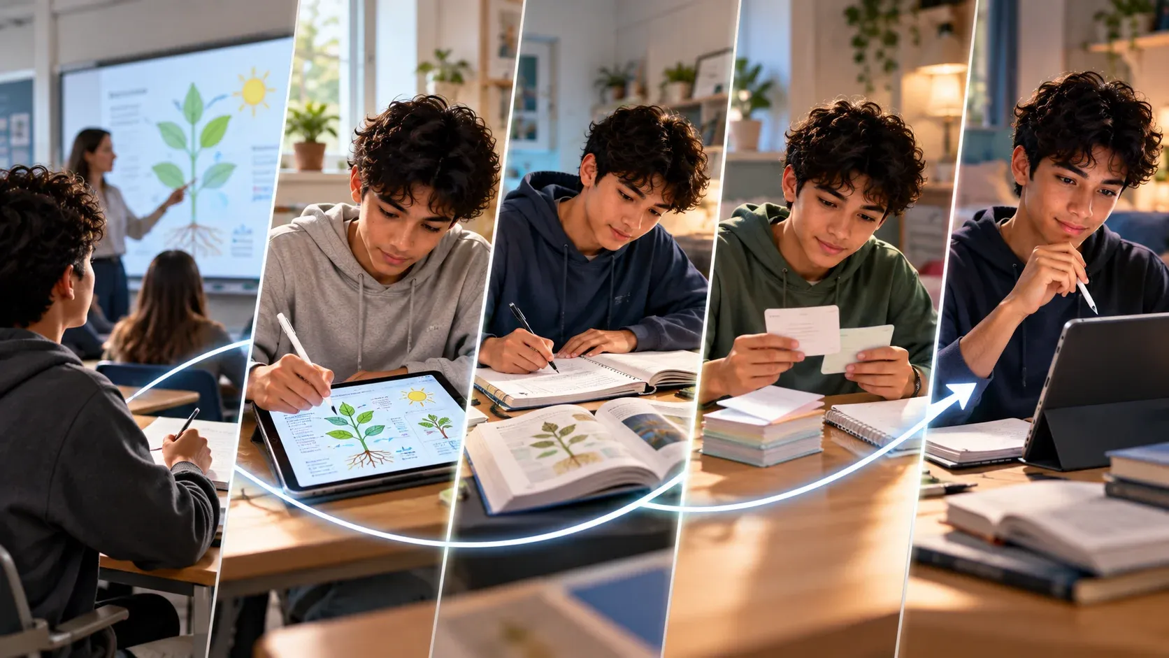 A student's class material flowing from classroom learning to notes, assignments, study materials and test preparation
