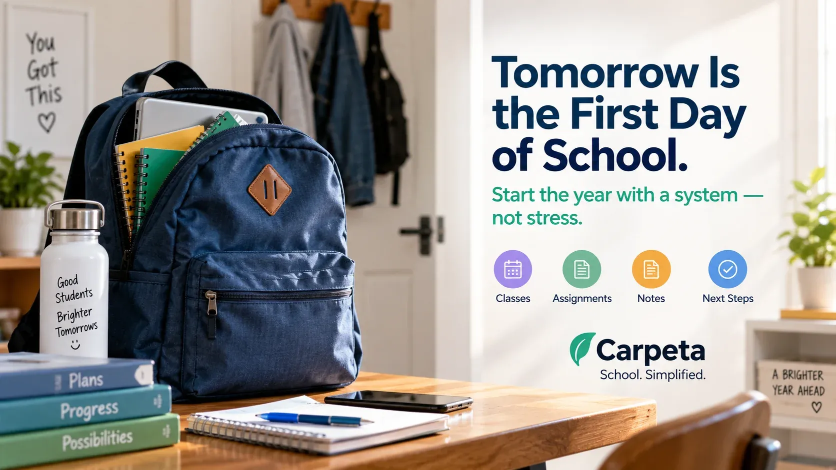 A student preparing a backpack and school supplies for the first day of school