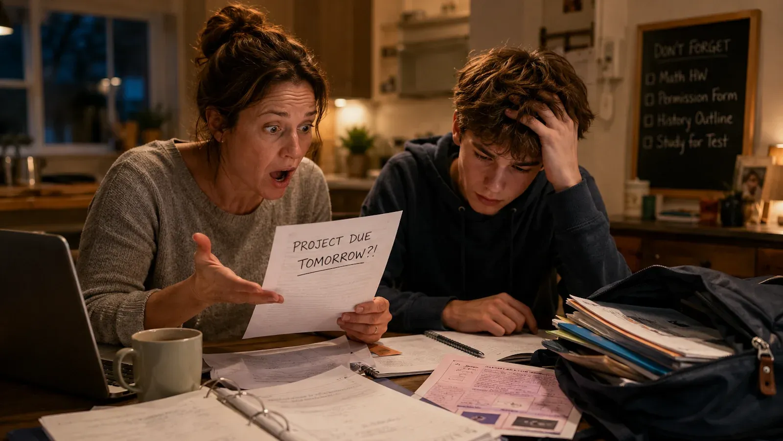 A parent and teenage student sitting at a kitchen table surrounded by school papers, notebooks, and assignments.