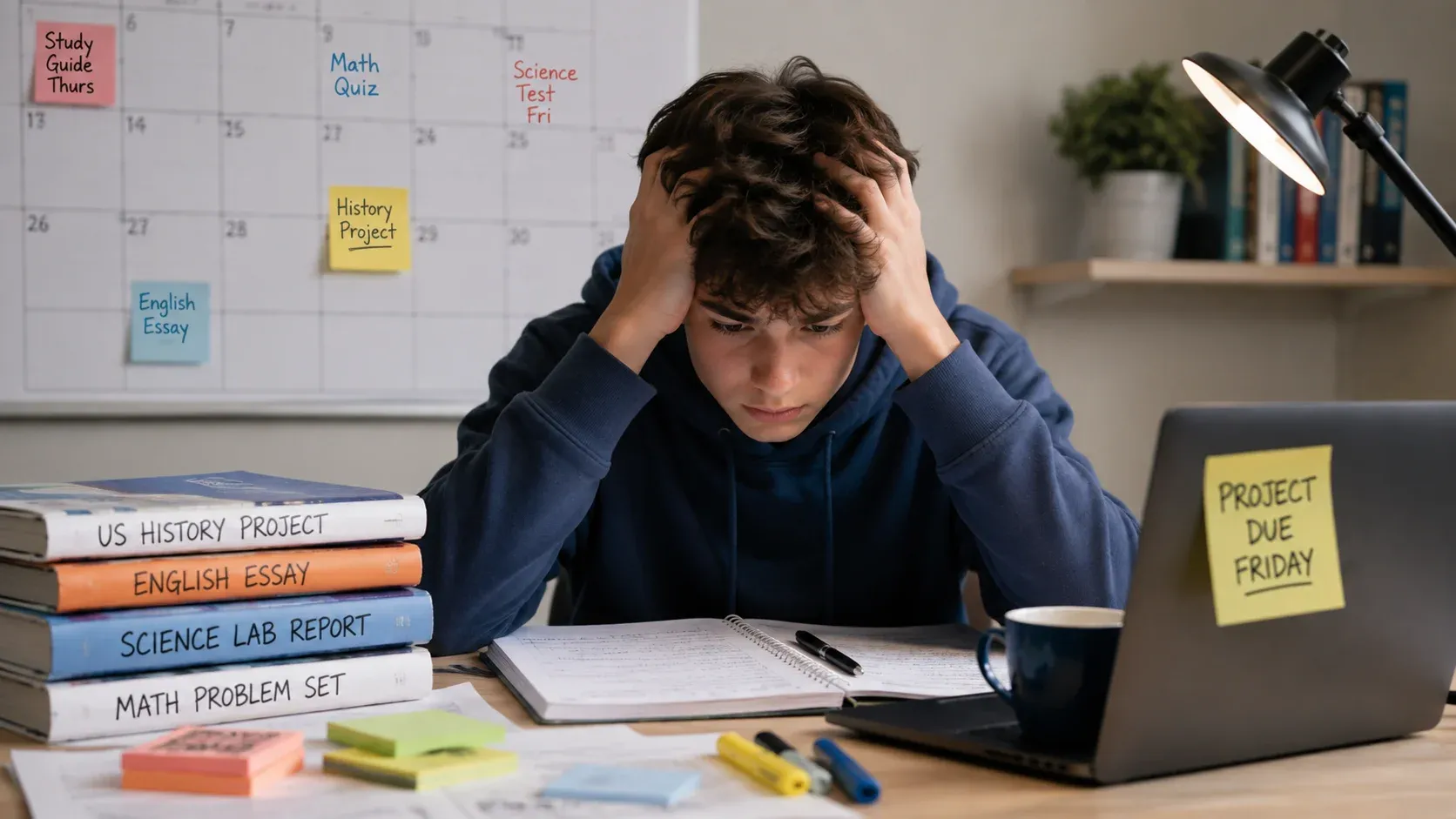A student sitting at a desk surrounded by assignments and upcoming school deadlines.