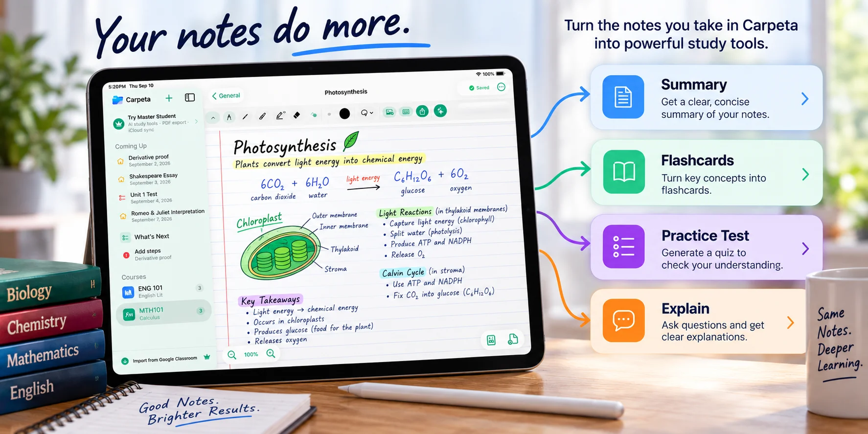 A Carpeta Photosynthesis note connected to Summary, Flashcards, Practice Test and Explain study tools