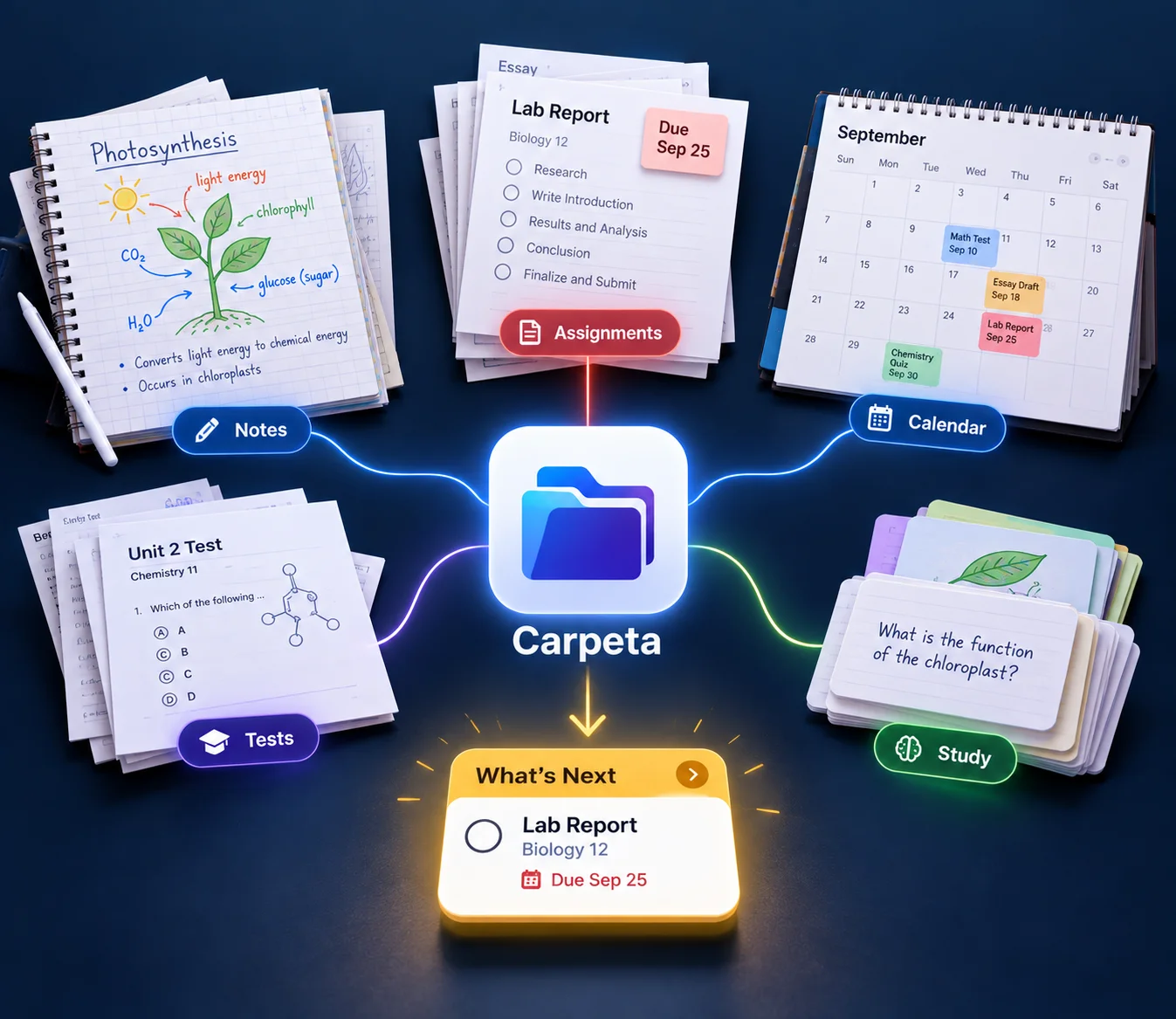 Notes, assignments, calendar, tests and study cards all connected to Carpeta, which surfaces the next task in What's Next